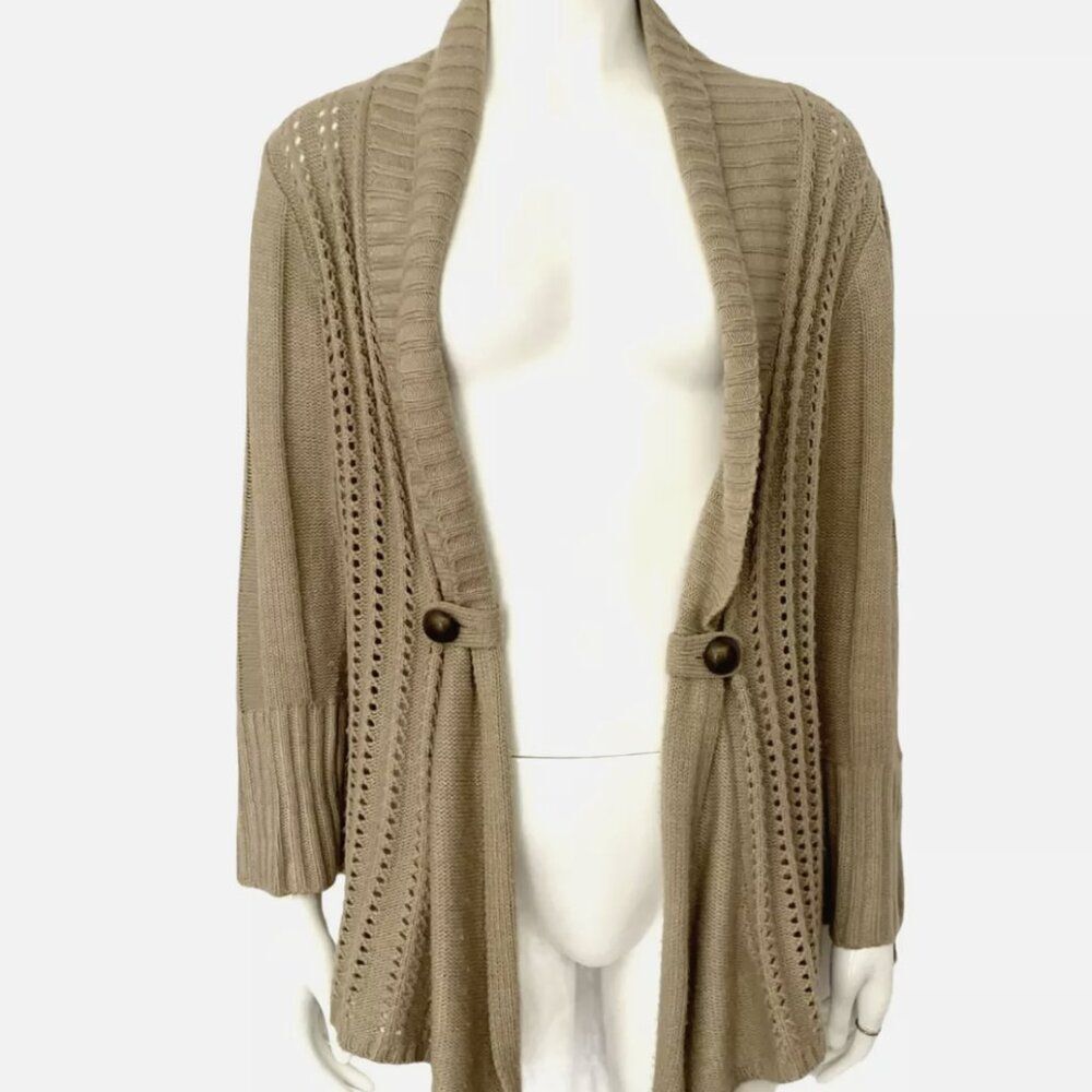 Carolyn Taylor Open Front Tan Open Knit‎ Button Detail Long Sleeve Bell Sz Small